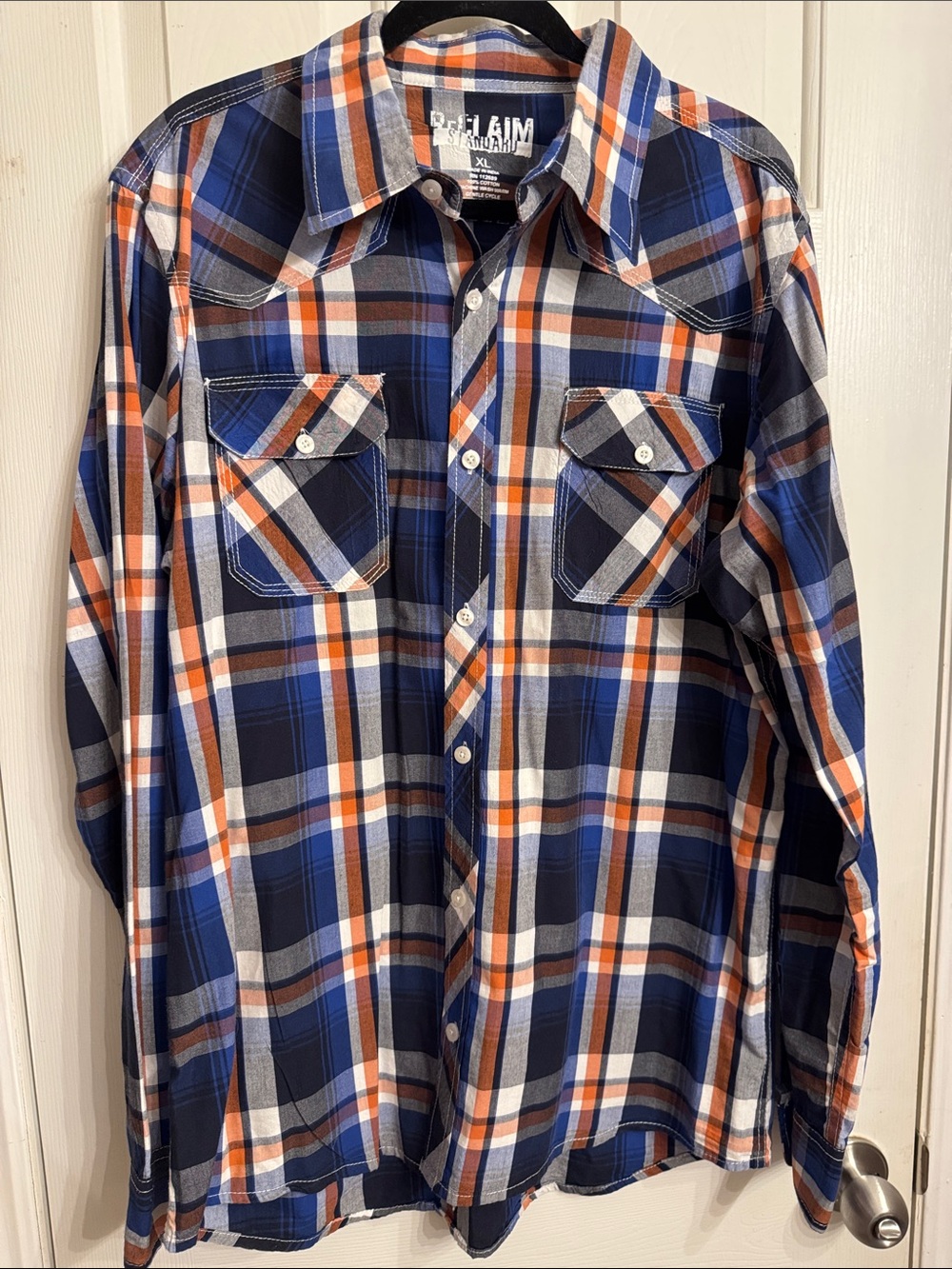 Men’s Plaid Button-Down Shirt in Blue, Orange & White -